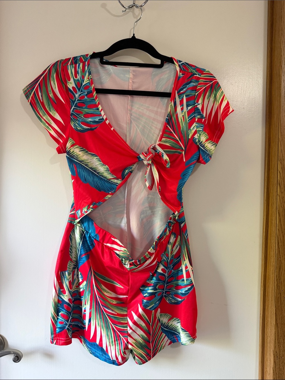 SHEIN Red Romper with Blue & Green Tropical Print and Front Knot